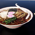Traditional Ramen Bowl with Nori Fish Cake Green Vegetables White Red Rim Chopsticks and Spoon
