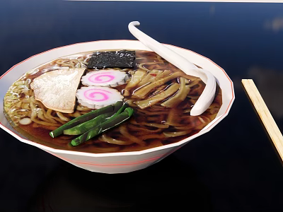 Traditional Ramen Bowl with Nori Fish Cake Green Vegetables White Red Rim Chopsticks and Spoon 3d model