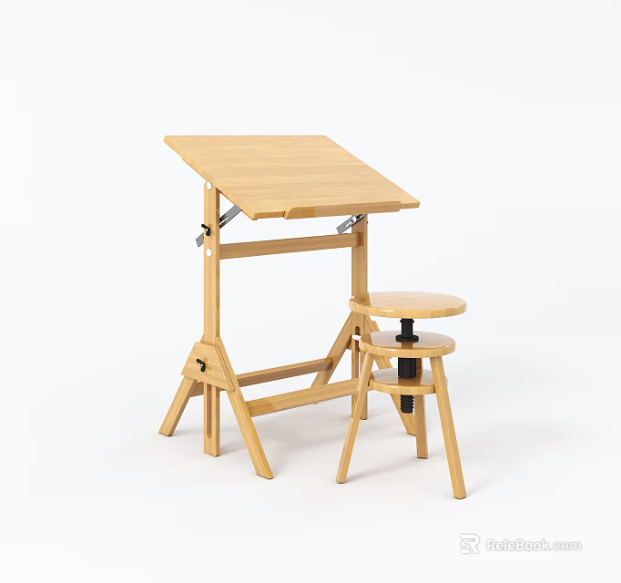 Wooden Drawing Table With Adjustable Top And Matching Stool For Art Supplies 3d model 