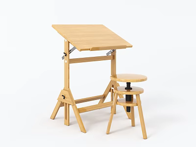 Wooden Drawing Table With Adjustable Top And Matching Stool For Art Supplies 3d model