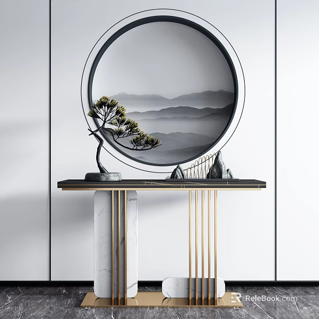 Elegant Entry Console Table with Circular Mirror Landscape Print Pine Decoration and Marble Top 3d model
