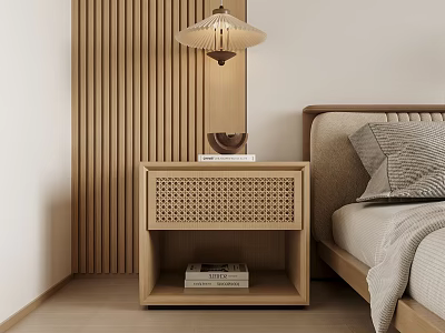 Minimalist Wooden Bedside Table With Woven Rattan Panel And Shelf Next To Bed 3d model