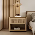 Minimalist Wooden Bedside Table With Woven Rattan Panel And Shelf Next To Bed