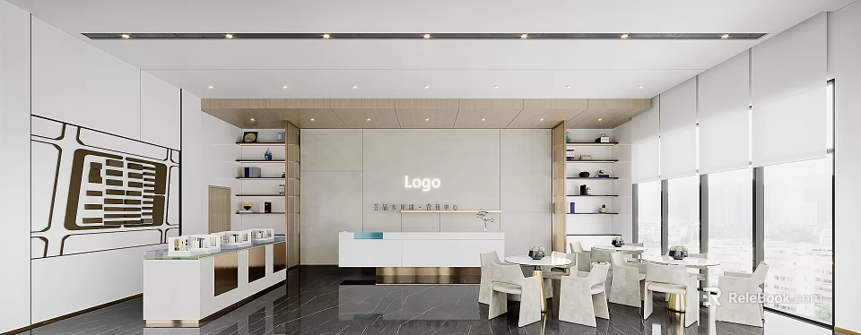 Elegant Modern Sales Office With Reception Desk Display Shelves Tables Chairs Marble Flooring Wooden Walls 3d model 
