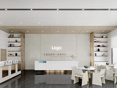 Elegant Modern Sales Office With Reception Desk Display Shelves Tables Chairs Marble Flooring Wooden Walls 3d model