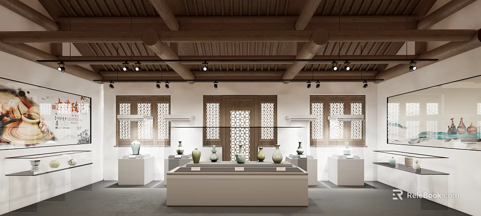 Traditional Exhibition Hall Interior With Wooden Beams Display Cases And Ceramic Vases 3d model 