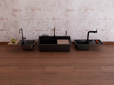 Modern Kitchen Sinks on Wooden Floor with Textured Wall Background Black Faucets and Fresh Fruits 3d model