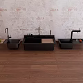 Modern Kitchen Sinks on Wooden Floor with Textured Wall Background Black Faucets and Fresh Fruits