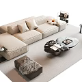 Modern Beige L-shaped Sofa With Marble Coffee Table Cushions Floor Lamp And Ottoman
