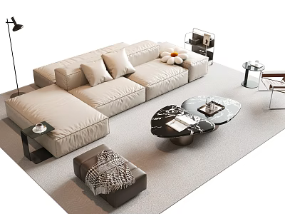 Modern Beige L-shaped Sofa With Marble Coffee Table Cushions Floor Lamp And Ottoman 3d model
