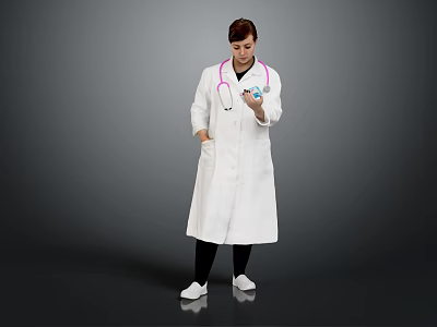 Woman In White Doctor Coat With Stethoscope Holding Globe Standing Against Gray Background 3d model
