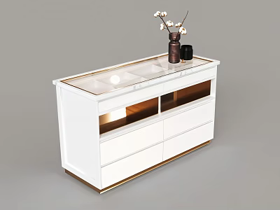 Modern White Console Cabinet With Gold Accents Marble Top And Decorative Vase 3d model