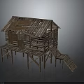 Rustic Wooden Building With Dilapidated Roof Stilt Supported Structure And Wooden Stairs