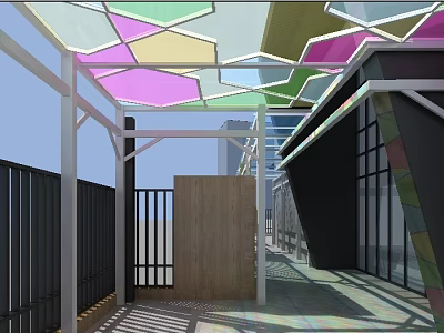 School Modern Open Corridor With Colorful Glass Roof And Metal Frame 3d model