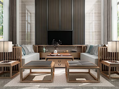 Modern Living Room Sofa Coffee Table Set With Wooden Design Cushions TV Stand And Lamps 3d model
