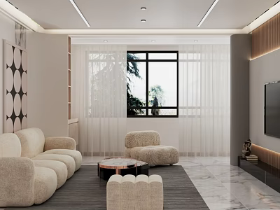 Modern Living Dining Room Interior With Beige Sofa Round Coffee Table And Large Window 3d model