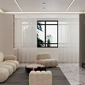 Modern Living Dining Room Interior With Beige Sofa Round Coffee Table And Large Window