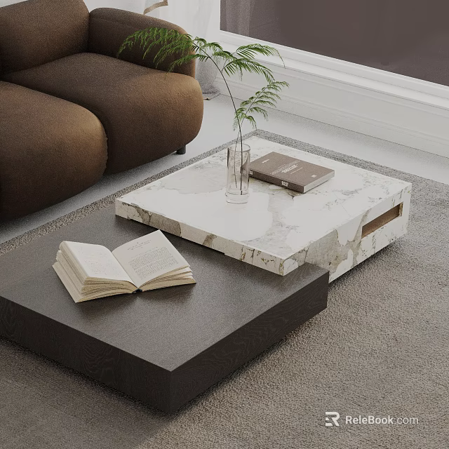 Modern Living Room Brown Sofa And Marble Coffee Table Set With Books Vase Plant Rug 3d model 