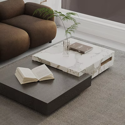 Modern Living Room Brown Sofa And Marble Coffee Table Set With Books Vase Plant Rug 3d model