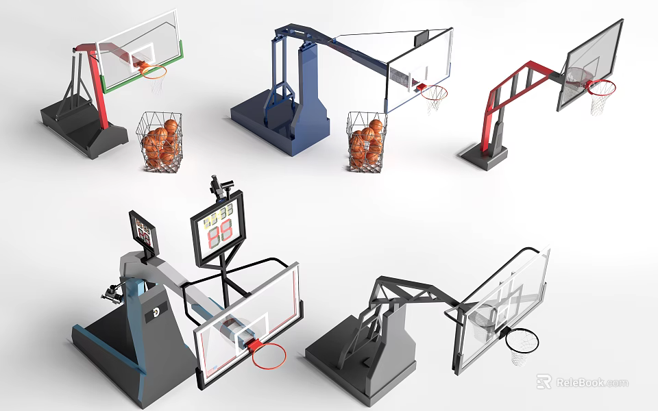 Various Basketball Hoop Designs with Ball Storage and Adjustable Features for Sports Fitness Training 3d model 