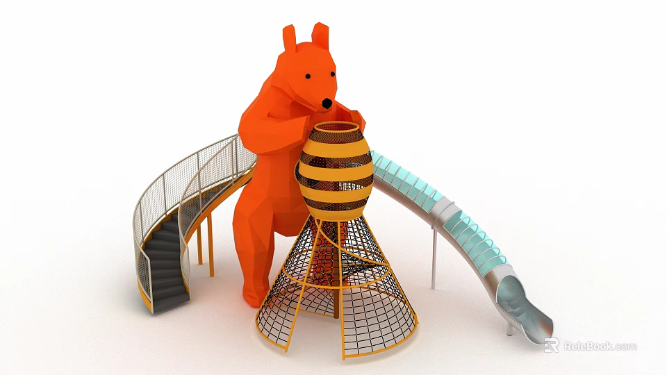 Orange Bear Shaped Playground Equipment With Honeycomb Structure Slide And Staircase 3d model