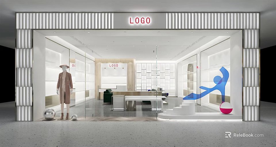 Modern Clothing Store Interior With Bright Window Display Mannequin And Minimalist Shelves 3d model 