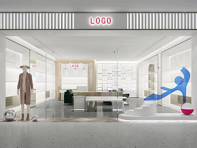 Modern Clothing Store Interior With Bright Window Display Mannequin And Minimalist Shelves 3d model