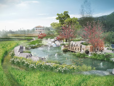 Rural Landscape Featuring Rice Fields Pond Small Bridge Pavilion And Red Leaf Trees 3d model