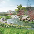 Rural Landscape Featuring Rice Fields Pond Small Bridge Pavilion And Red Leaf Trees 3d model