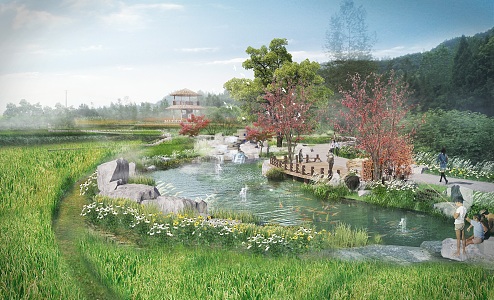 Modern Country Crescent Pond Landscape 3d model