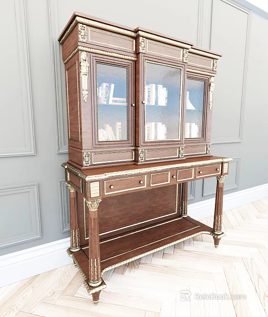 Vintage Wooden Decorative Cabinet With Glass Doors Gold Accents And Drawers 3d model 