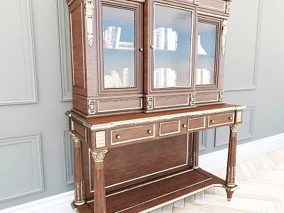 Vintage Wooden Decorative Cabinet With Glass Doors Gold Accents And Drawers 3d model
