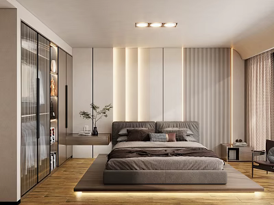 Modern Bedroom Interior With Grey Bed Strip Lighting Glass Wardrobe And Wooden Floor 3d model