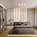 Modern Bedroom Interior With Grey Bed Strip Lighting Glass Wardrobe And Wooden Floor