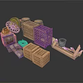 Traditional Rustic Daily Living Supplies With Wooden Crates Barrels Wicker Basket And Metal Bucket
