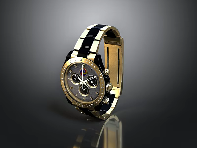Luxury Wristwatch With Gold And Black Strap Black Dial And Multiple Sub Dials 3d model