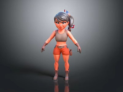 Game And Movie Character With Gray Hair Ponytail Brown Tank Top Orange Shorts Gloves And Boots 3d model