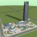 Modern Commercial Complex Design With Green Roof Glass Dome Tower And Open Plaza