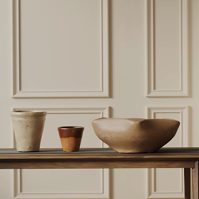 Natural Tones Decorative Ornament Set With Ceramic Clay Pieces On Wooden Table And Paneled Wall 3d model