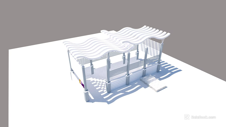 Modern White Pavilion Structure Featuring Wavy Roof Columns And Steps Design 3d model
