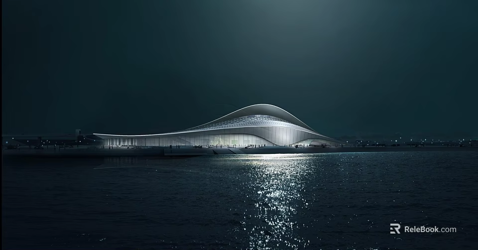 Modern Streamlined Museum Building With Night Lighting And Water Reflection Against Dark Night Sky 3d model 