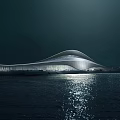 Modern Streamlined Museum Building With Night Lighting And Water Reflection Against Dark Night Sky
