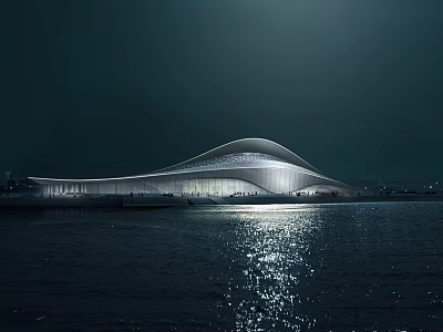 Modern Streamlined Museum Building With Night Lighting And Water Reflection Against Dark Night Sky 3d model