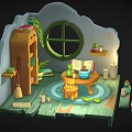Cartoon Scene With Wooden Bookshelf Green Plants Round Window Small Table Broom Candles And Steps