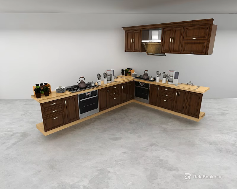 Modern Kitchen Featuring Wooden Cabinets Light Countertop And Essential Kitchenware 3d model 