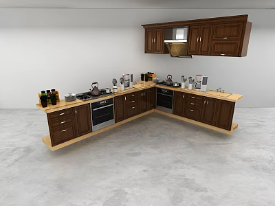 Modern Kitchen Featuring Wooden Cabinets Light Countertop And Essential Kitchenware 3d model