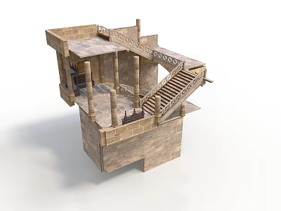 Detailed Ancient Stone Building With Multi Level Staircase Columns And Balcony Platform 3d model