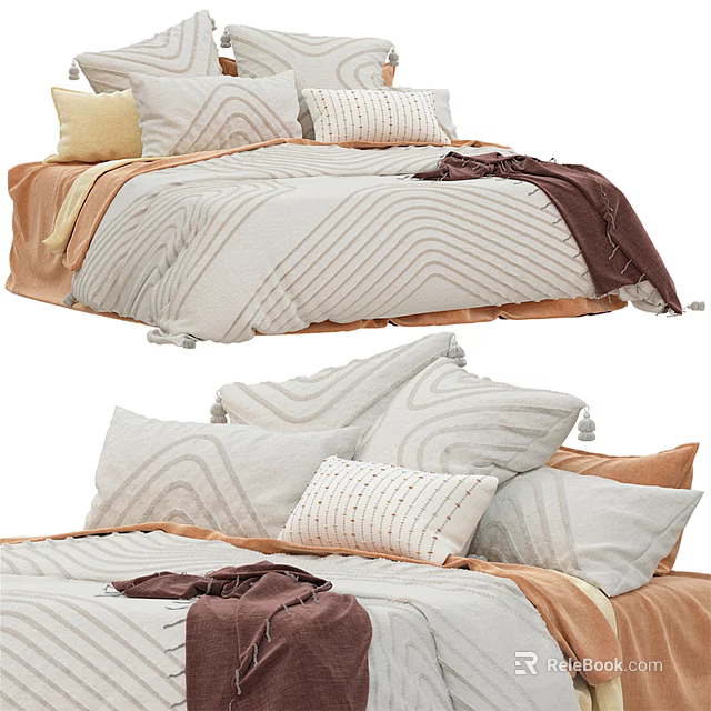 Double Bed With Wavy Pattern Bedding Beige Brown Sheets And Decorative Pillows 3d model 