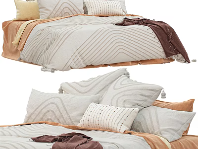 Double Bed With Wavy Pattern Bedding Beige Brown Sheets And Decorative Pillows 3d model