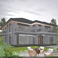 Modern Detached Villa With Gray Stone Exterior Large Windows Balcony And Garden Patio